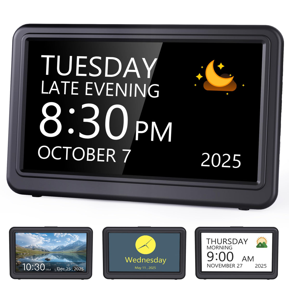 Raynic front display showing large time and date for quick readability
