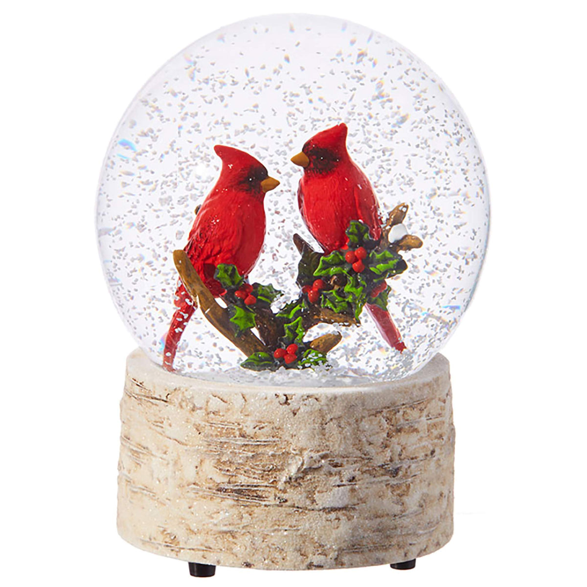 Raz cardinal snow globe front view showing holiday scene and festive charm