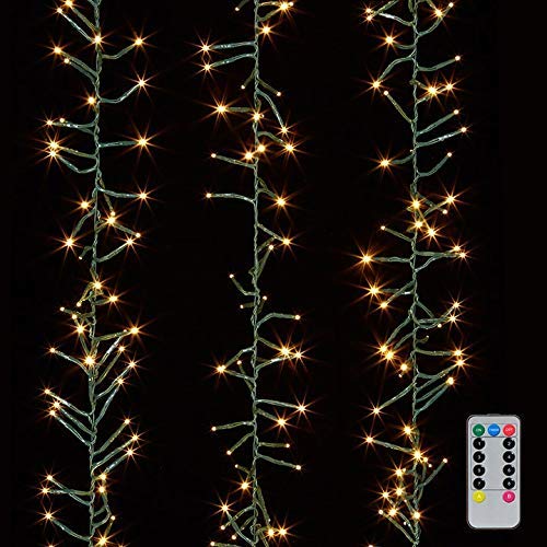 Raz front view of 15ft cluster garland showing warm white lights and remote for easy control