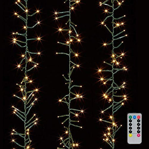 Raz front view of 15ft cluster garland showing warm white lights and remote for easy control
