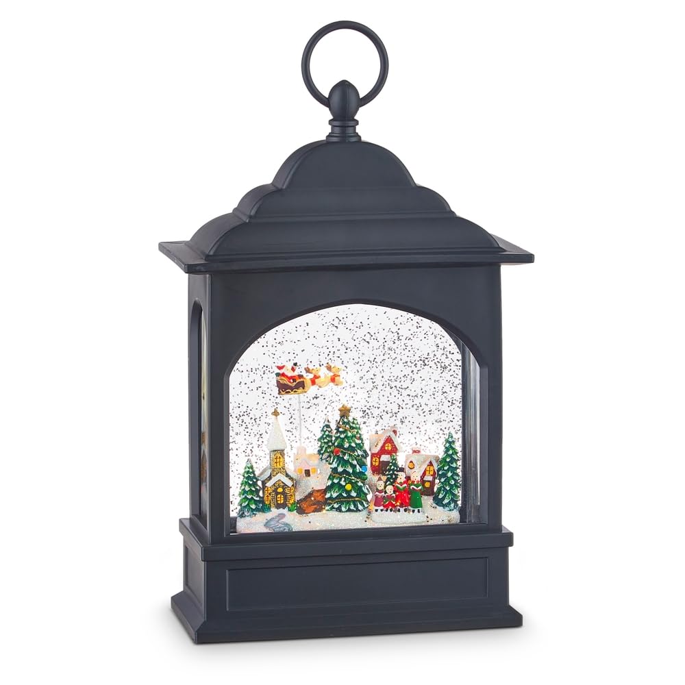 RAZ Imports flying Santa front view showing lit scene and swirling glitter for festive ambiance