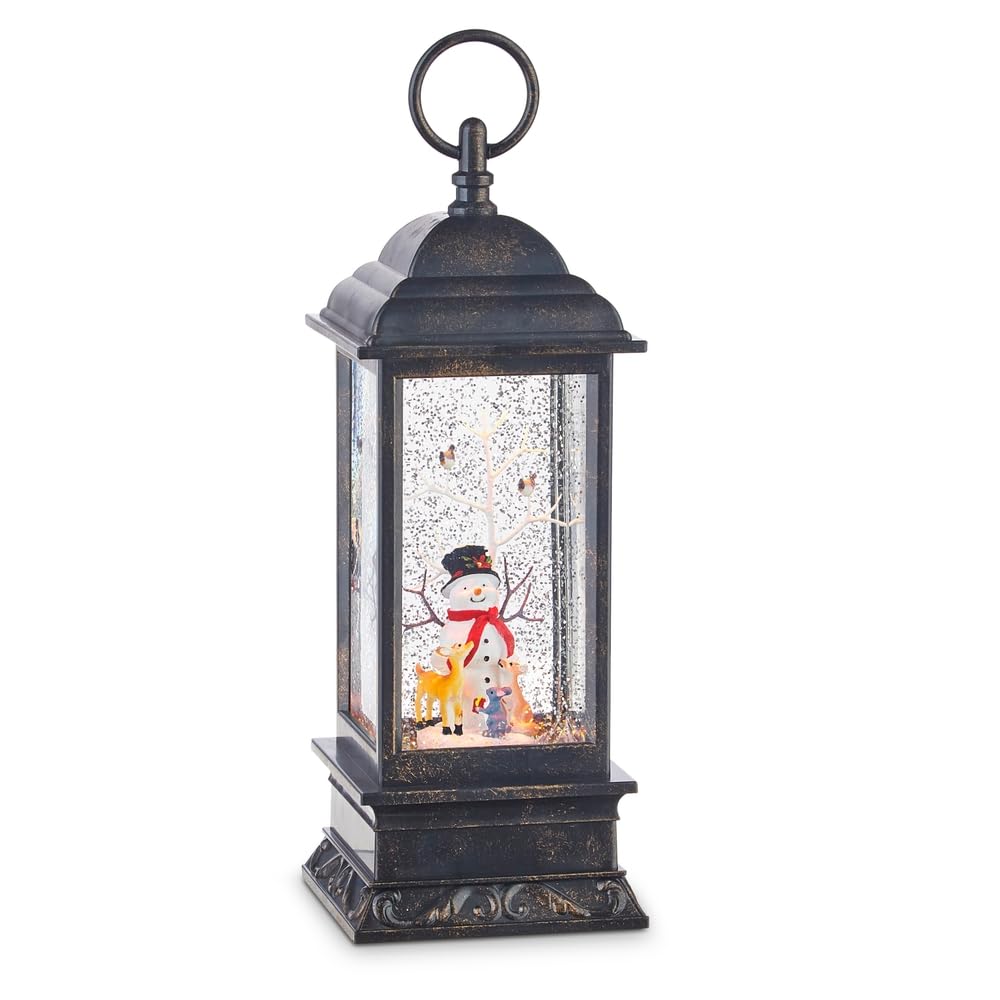 RAZ Imports snowman lantern front view showing warm light and festive charm