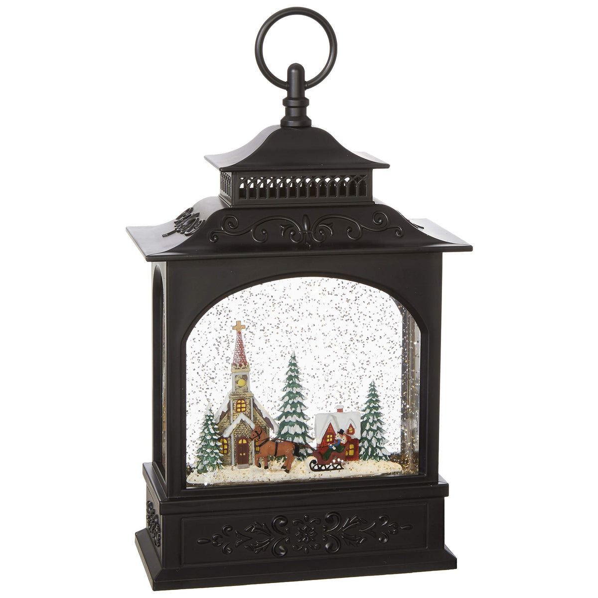 RAZ Imports front view of lantern showcasing illuminated town scene and warm glow benefit
