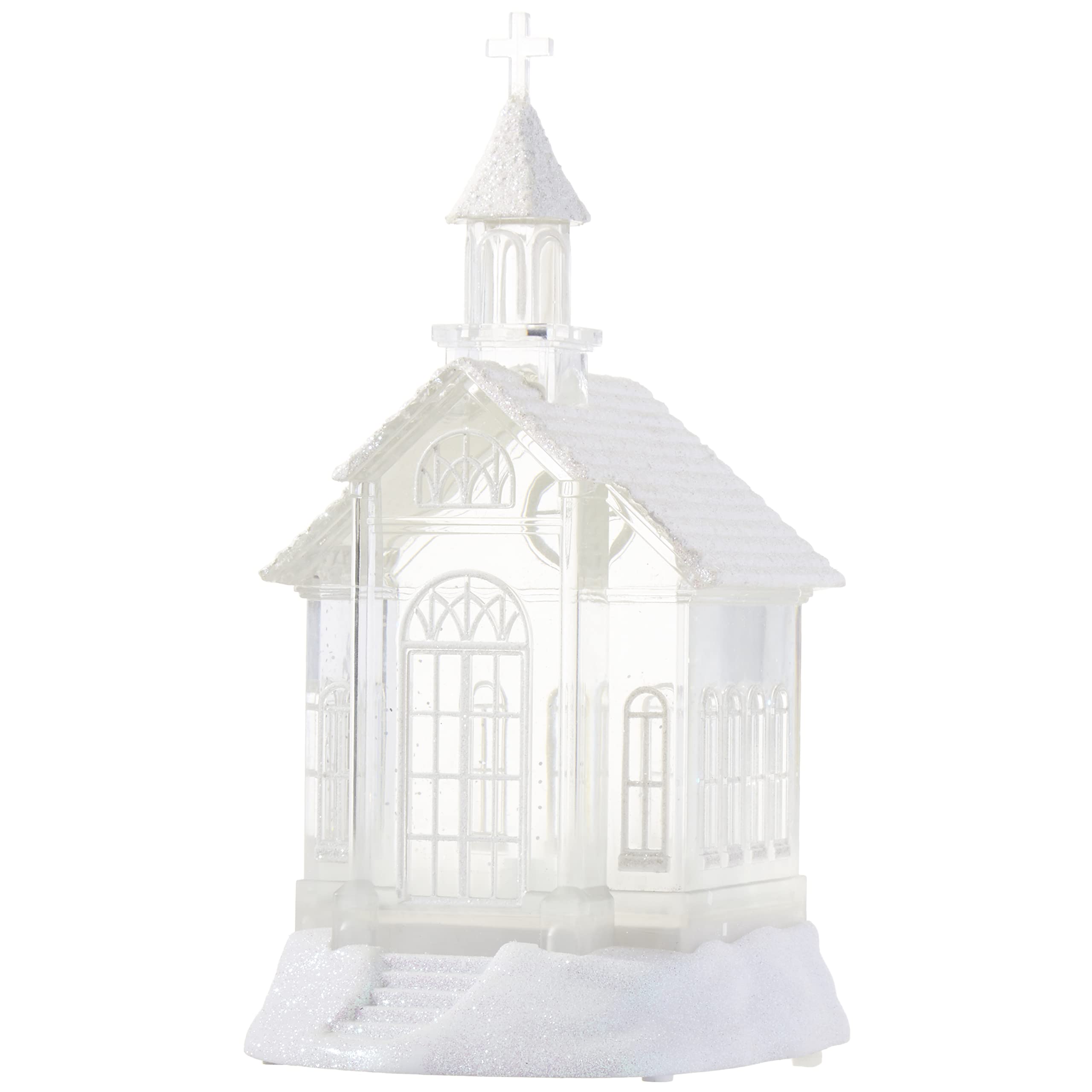 Raz lighted church front view shows festive scene and glow benefit