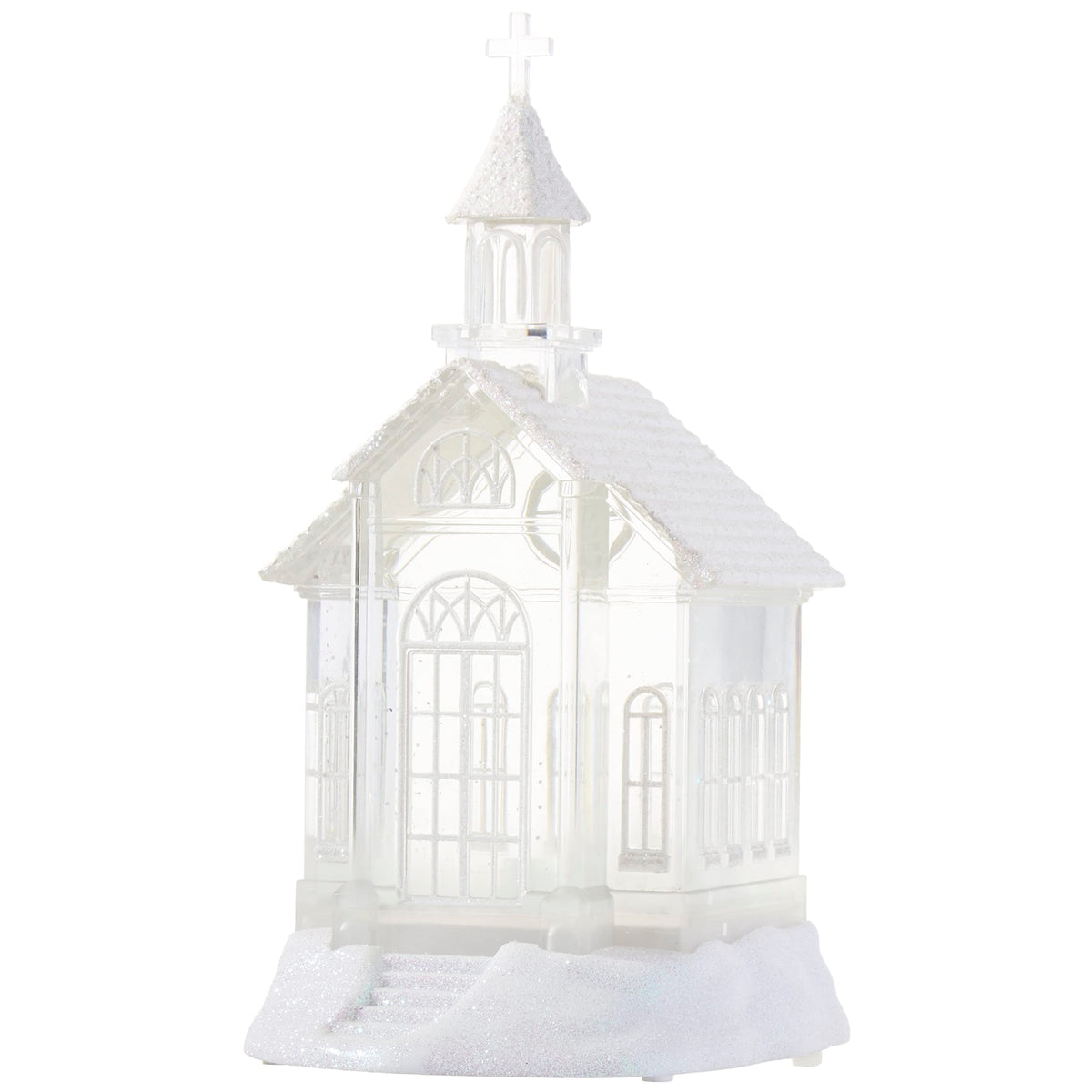 Raz lighted church front view shows festive scene and glow benefit