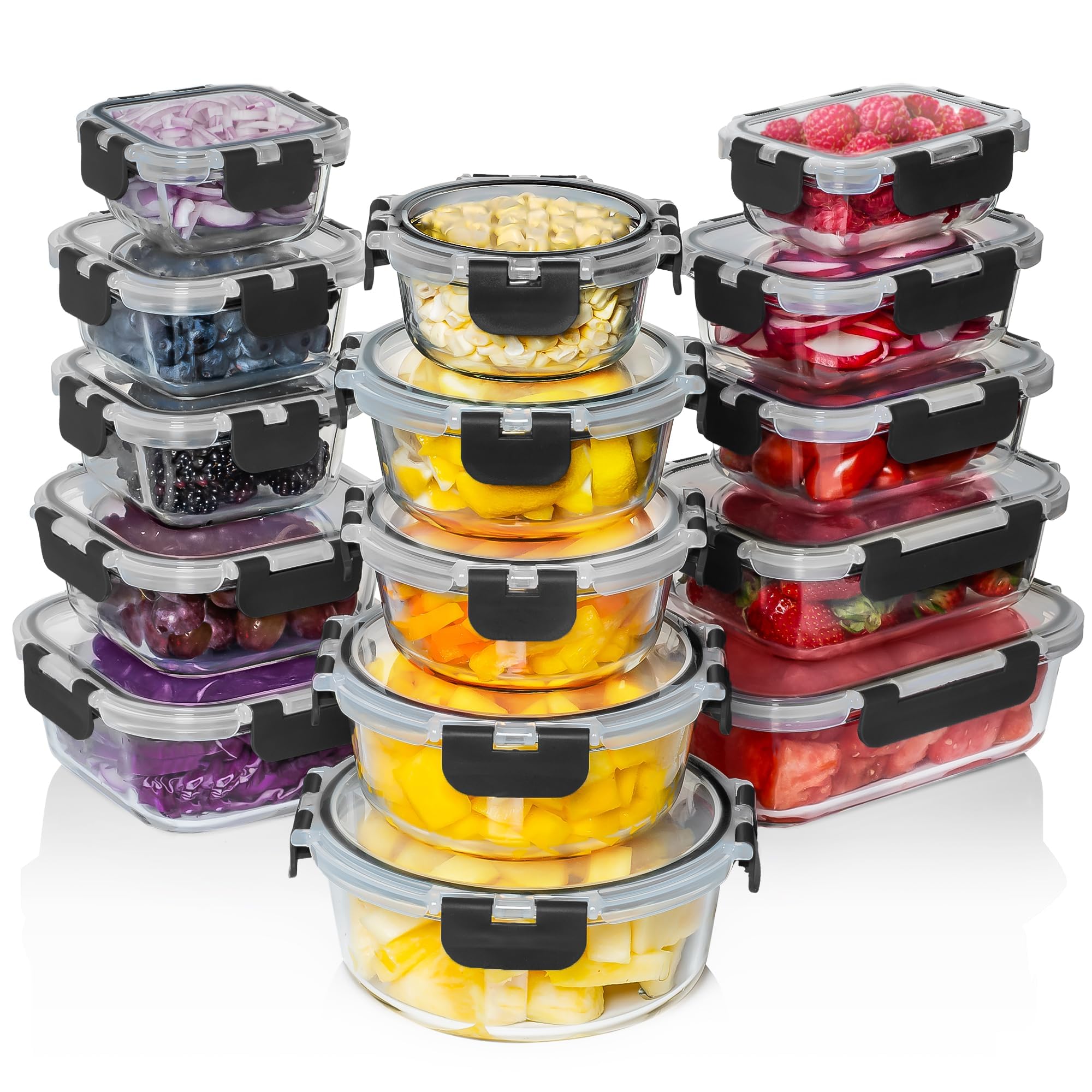 Razab front packaging showing full 30-piece glass container set and organization benefits