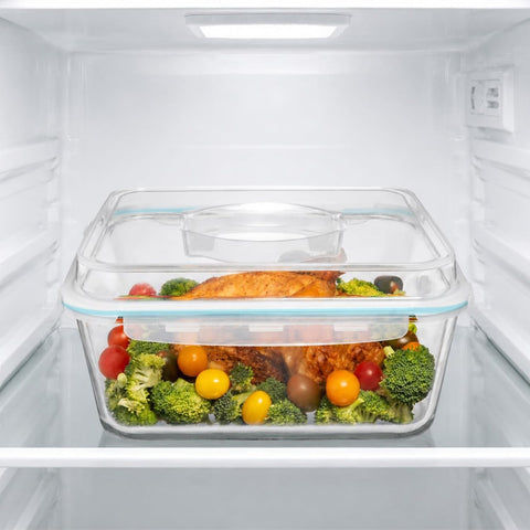 Razab container stacked in fridge displaying organized storage benefit