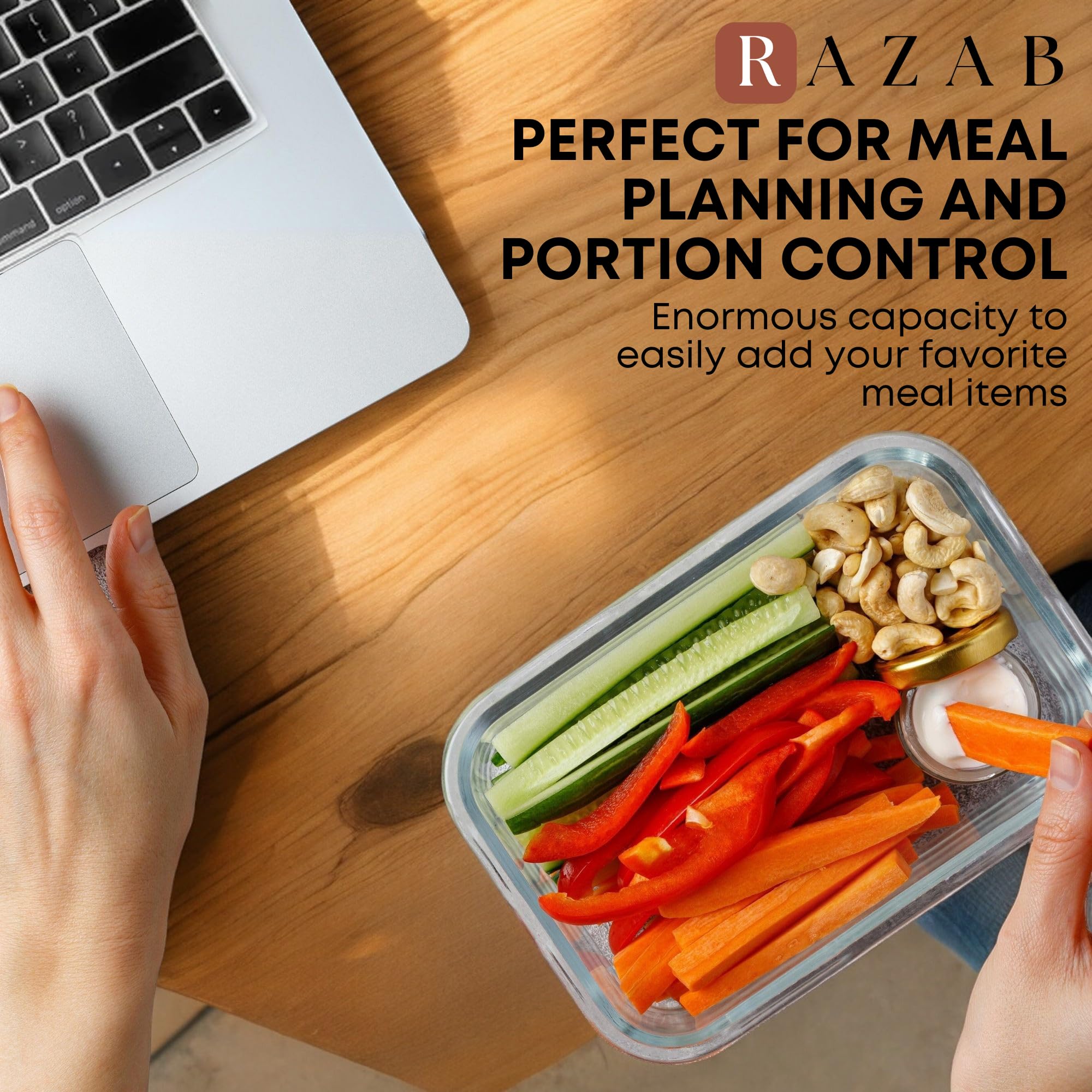 Razab kitchen lifestyle with meal-prep spread showing everyday usability and durability