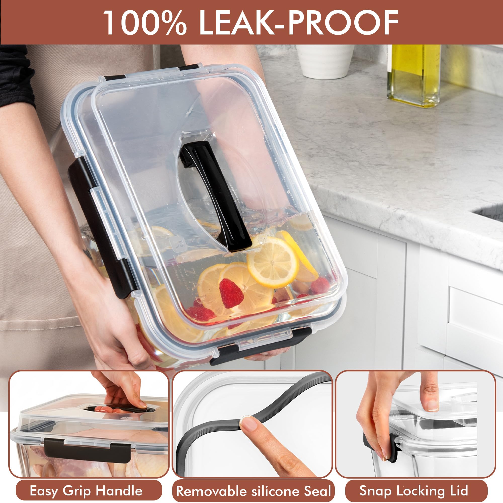 Razab top-down open container with roast illustrating oven-safe glass advantage