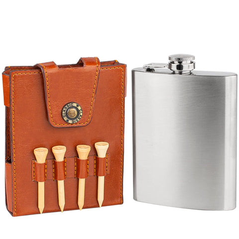 RE GOODS flask inside golf bag to show compact scale and easy transport