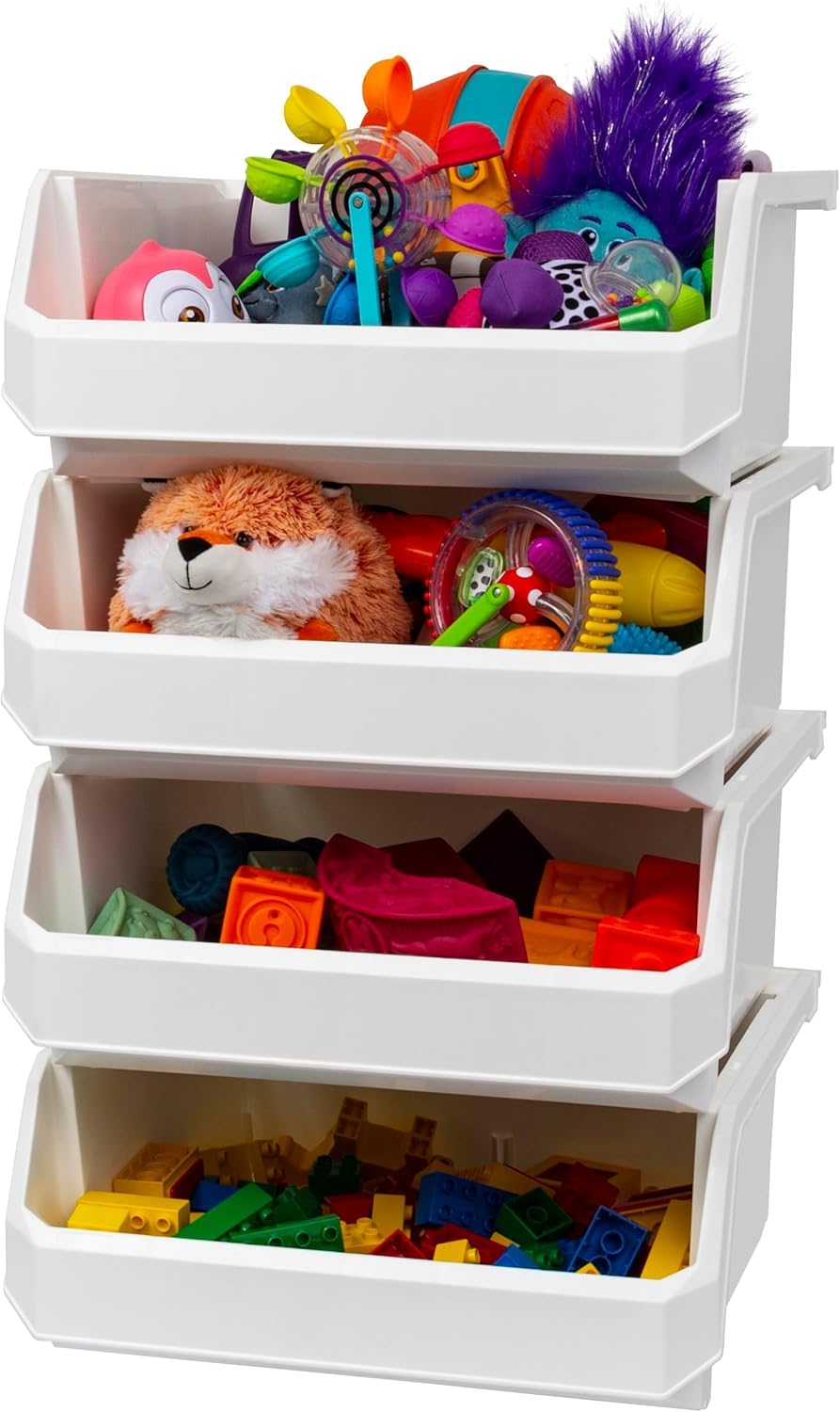 ReadySpace front view of four white stackable bins showing tidy organization benefits