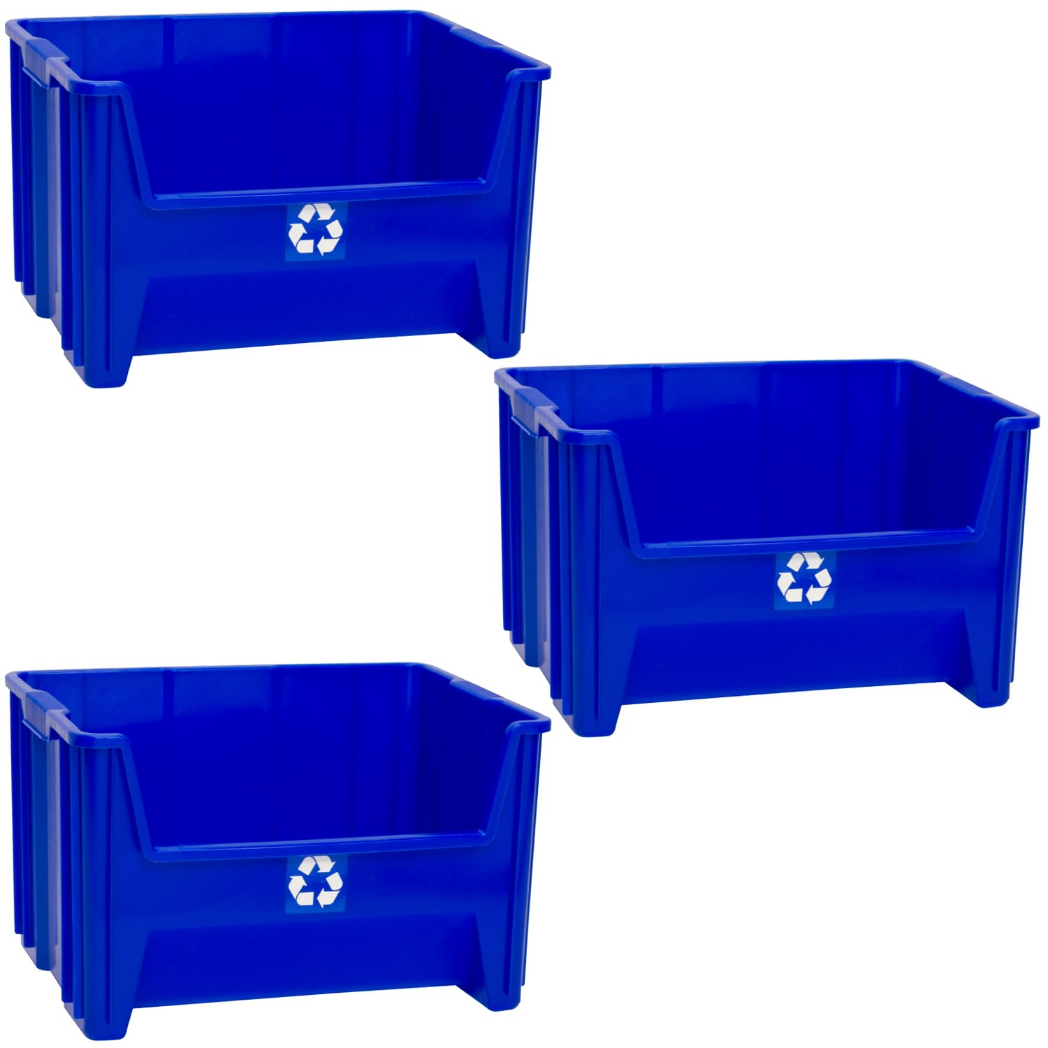 ReadySpace front view of three blue bins showing neat organized sorting benefit
