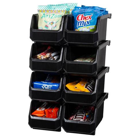 ReadySpace front view of eight black bins showing open-front access and quick retrieval