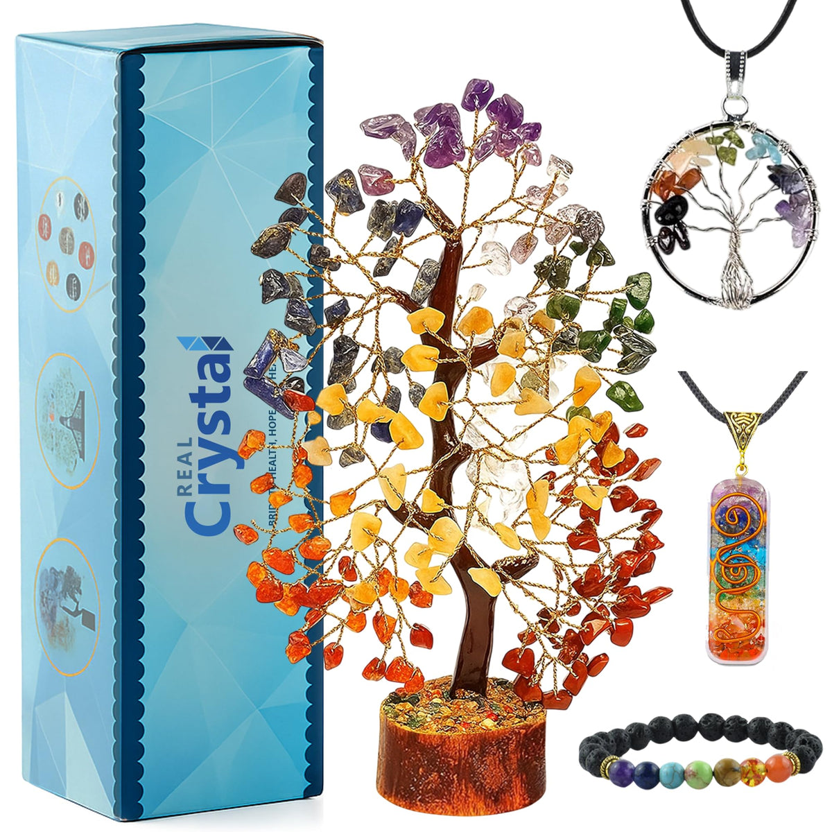 Real Crystal front view of gemstone money tree showing chakra colors and decor benefit