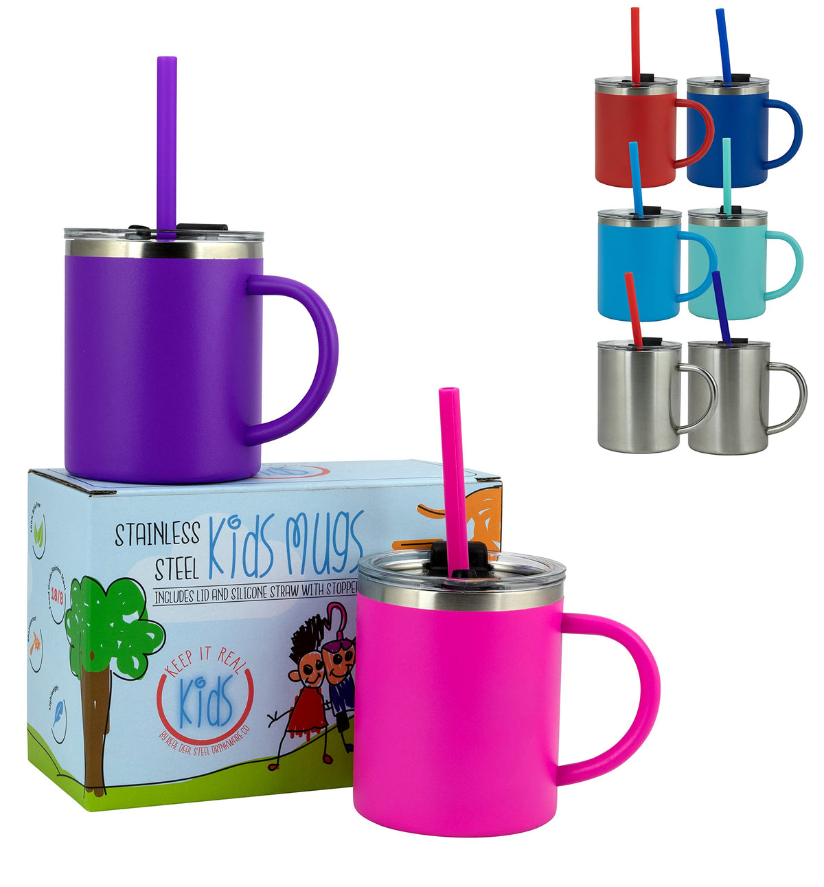 Real Deal Steel front view of two kids mugs showing bright powdercoat finish and accessories