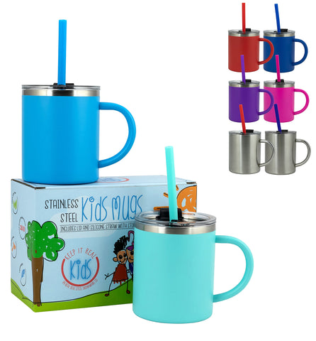 Real Deal Steel front view of both kids mugs showing color and finish, durable visual appeal