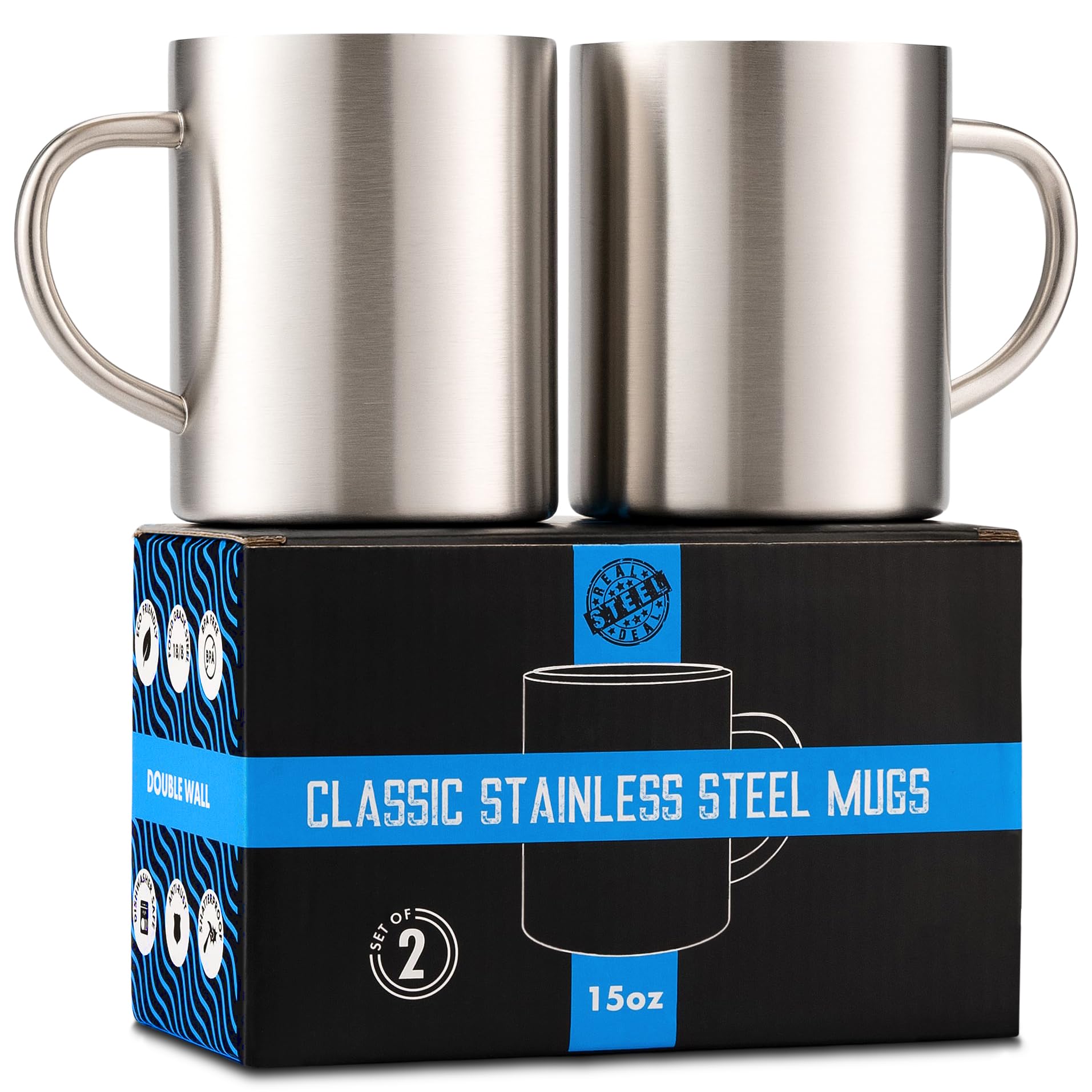Real Deal Steel front view of two mugs showing durable stainless finish and set benefit