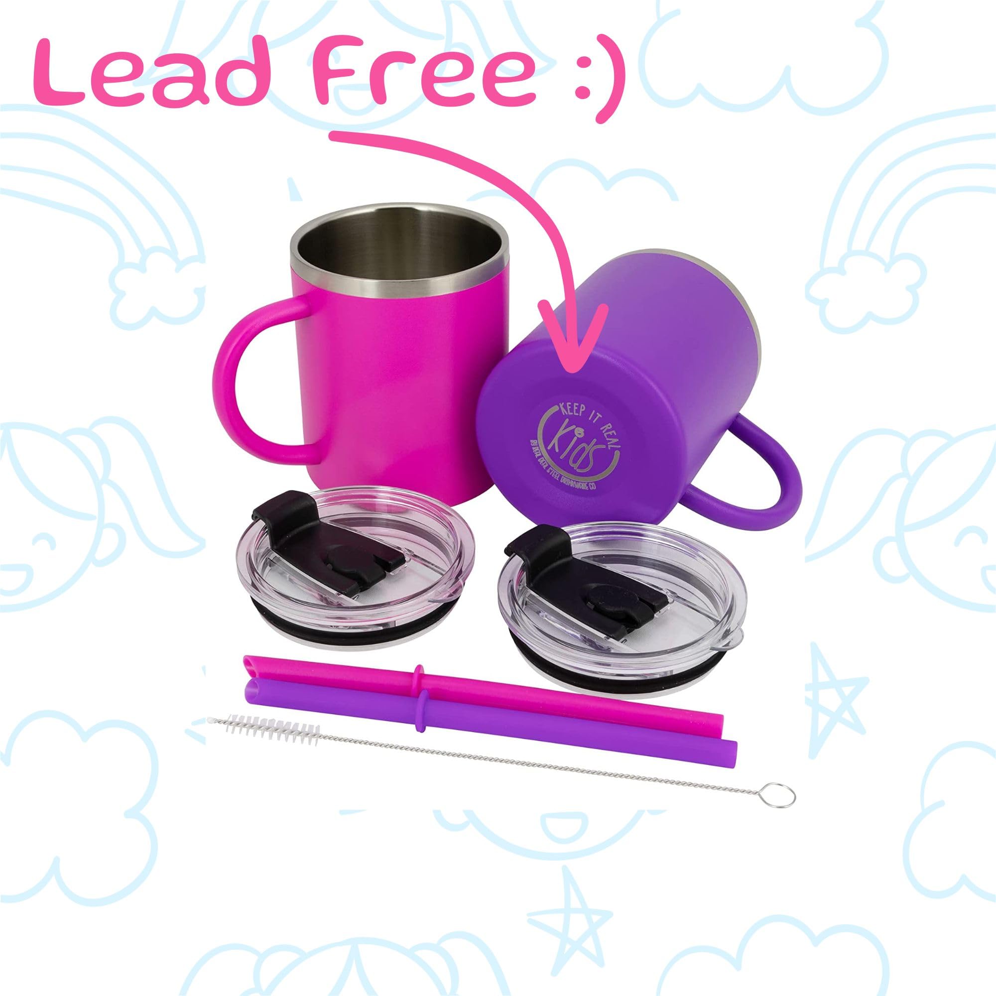 Real Deal Steel lid, silicone straw with stopper, and brush demonstrating spill reduction