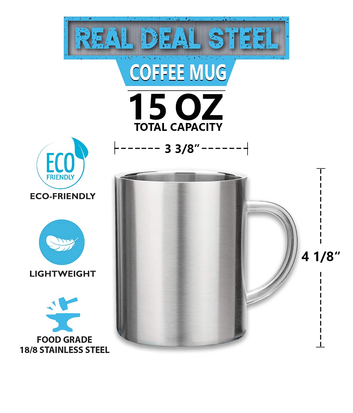 Real Deal Steel mug filled with coffee illustrating good heat retention for sipping