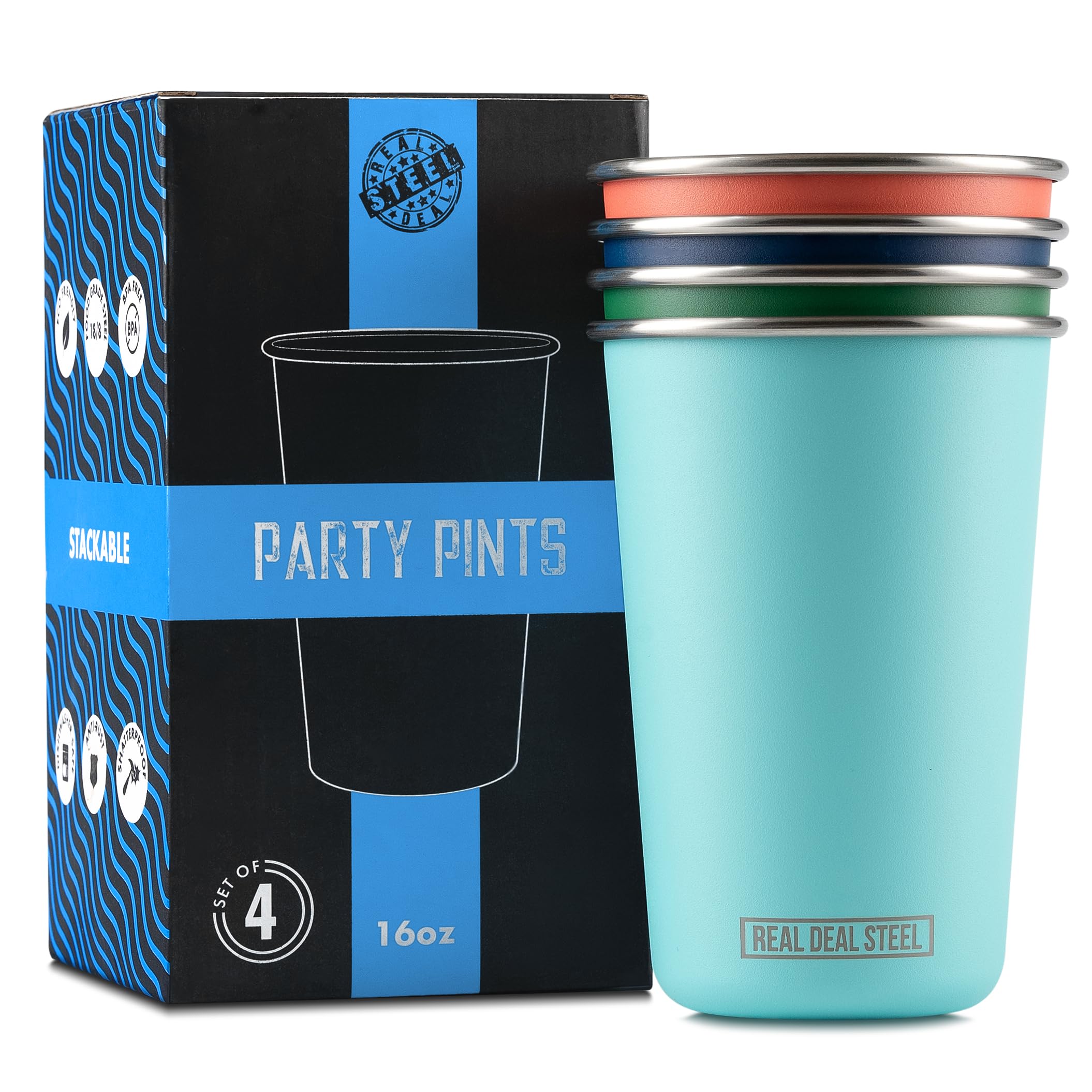 Real Deal Steel front packaging showing four colorful pint cups, durable and ready