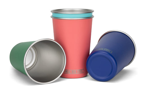 Real Deal Steel cups poolside on table, shatterproof and party friendly