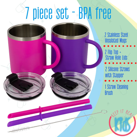 Real Deal Steel mug beside an adult hand for scale showing child-friendly size