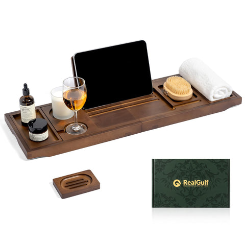 Realgulf bamboo tray front view showing organized caddy and clean design benefit