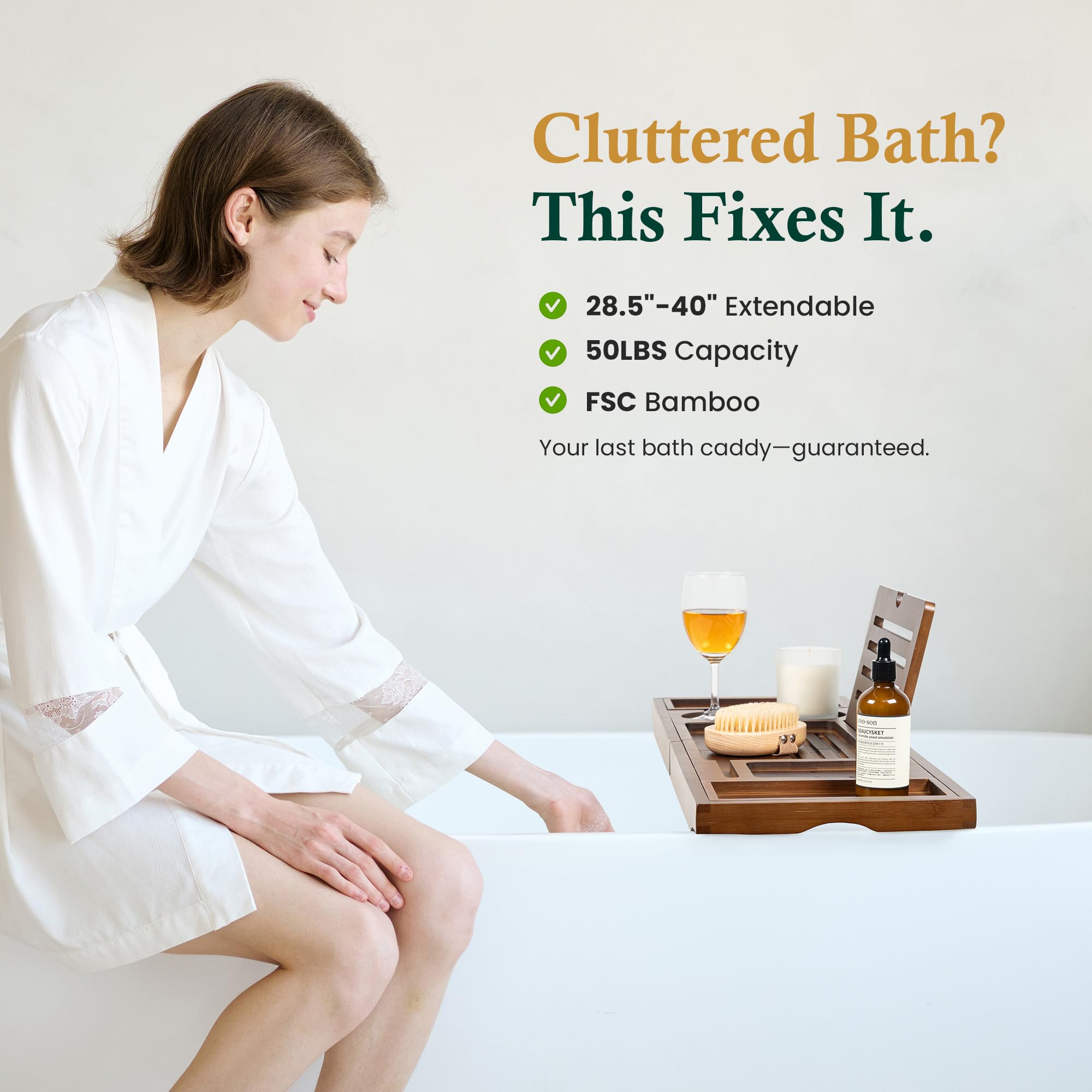 Realgulf bamboo tray beside ruler showing adjustable fit for various tub sizes benefit