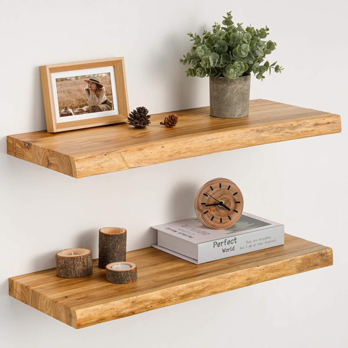 Realgulf front view live-edge shelves showing rustic charm and sturdy storage