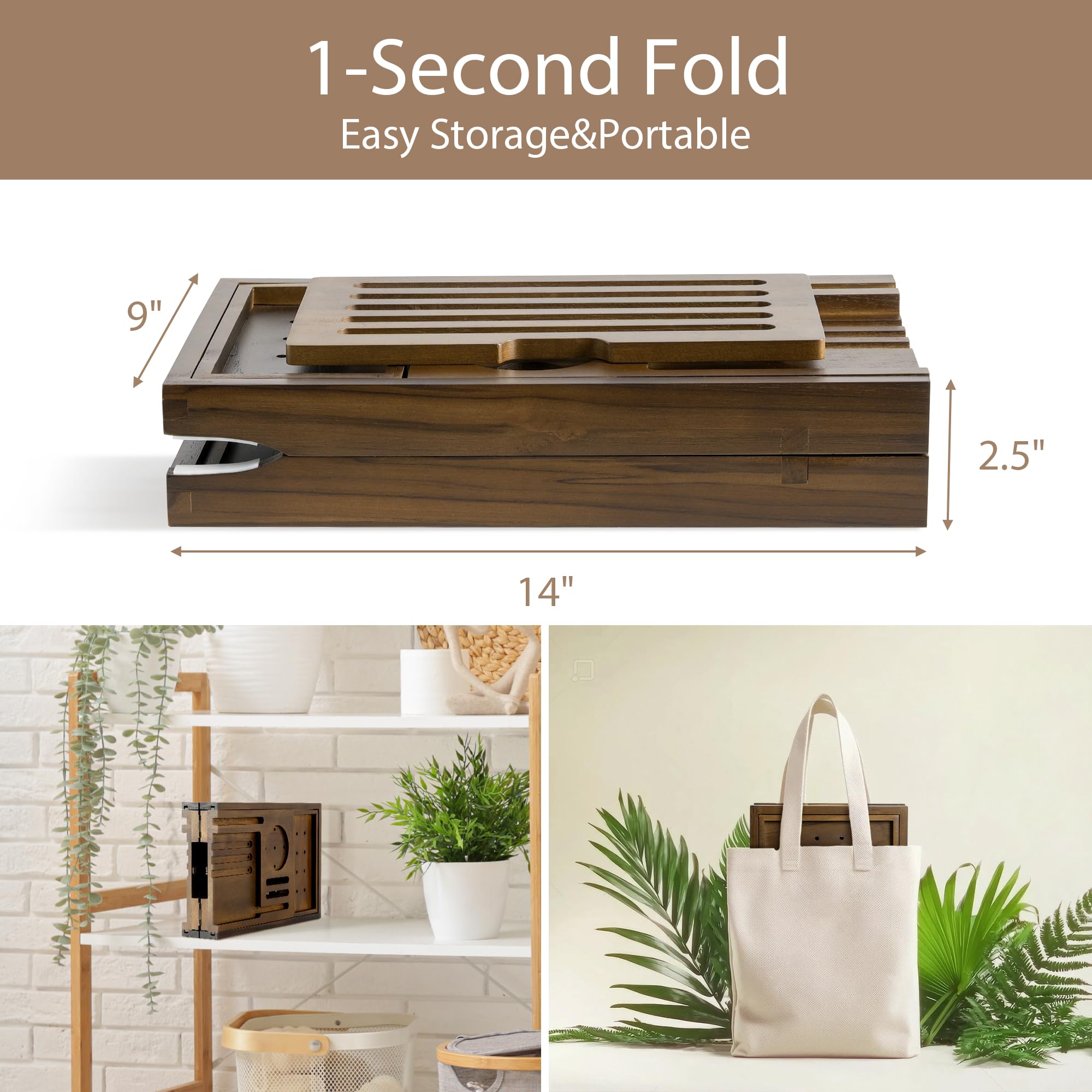 RealGulf tray folded flat beside cabinet showcasing space-saving benefit