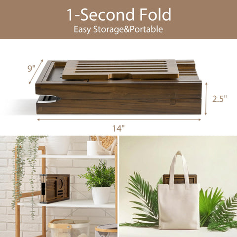 RealGulf tray folded flat beside cabinet showcasing space-saving benefit
