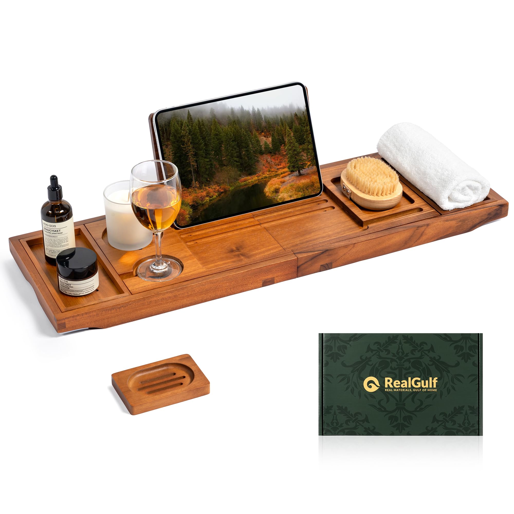 Realgulf teak tray front view showing elegant wood and storage benefits