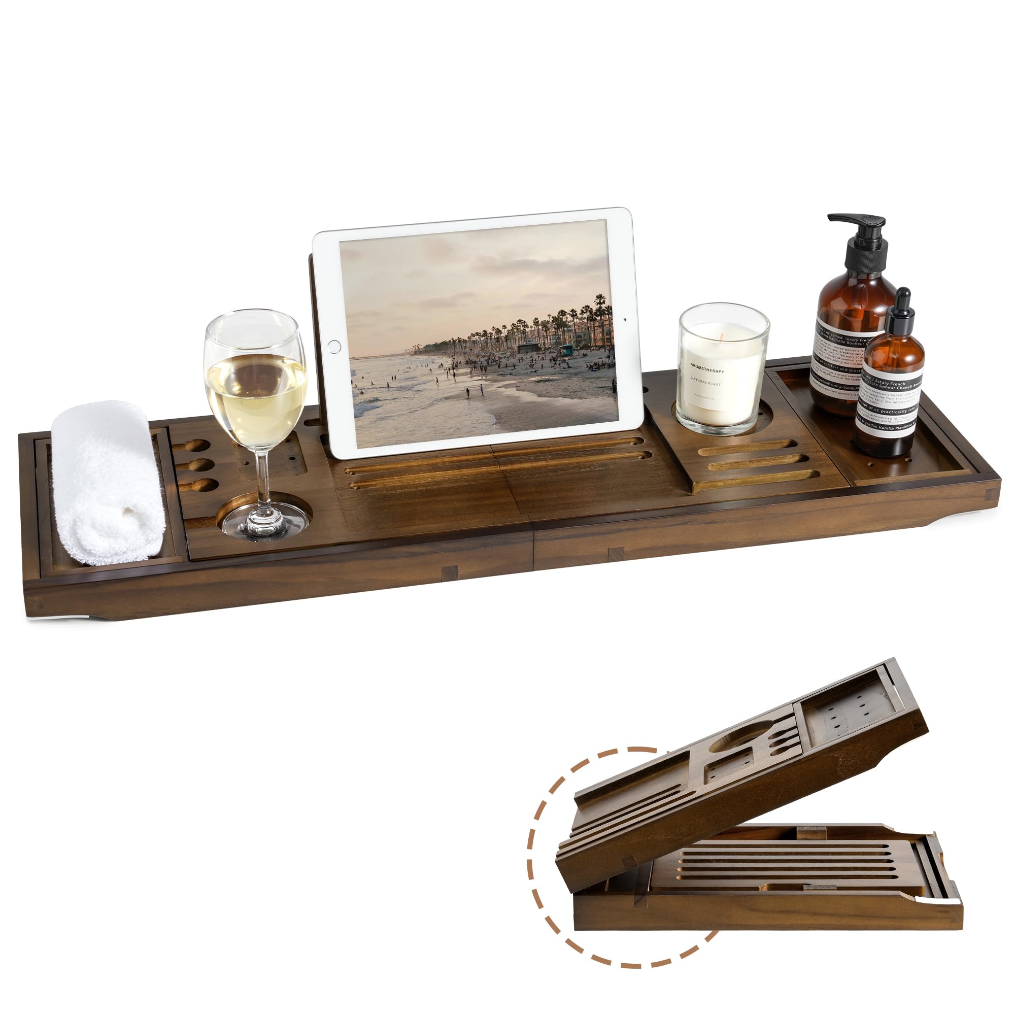 RealGulf teak tray front view showing elegant bath organization benefit