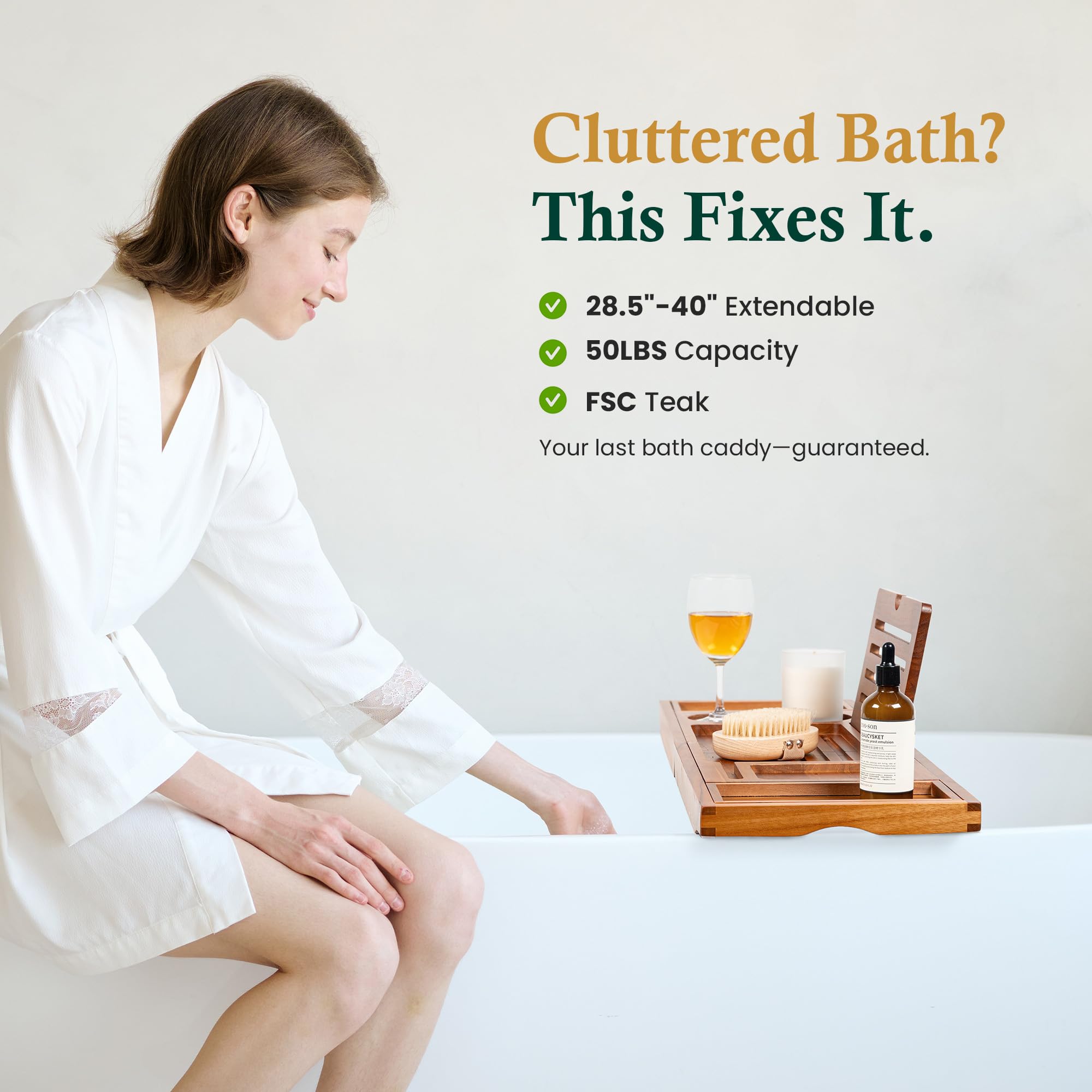 Realgulf tray expanded across tub edge showing adjustable width fit