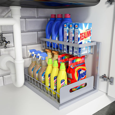 REALINN front view of the two-tier organizer showing tidy storage and easy access