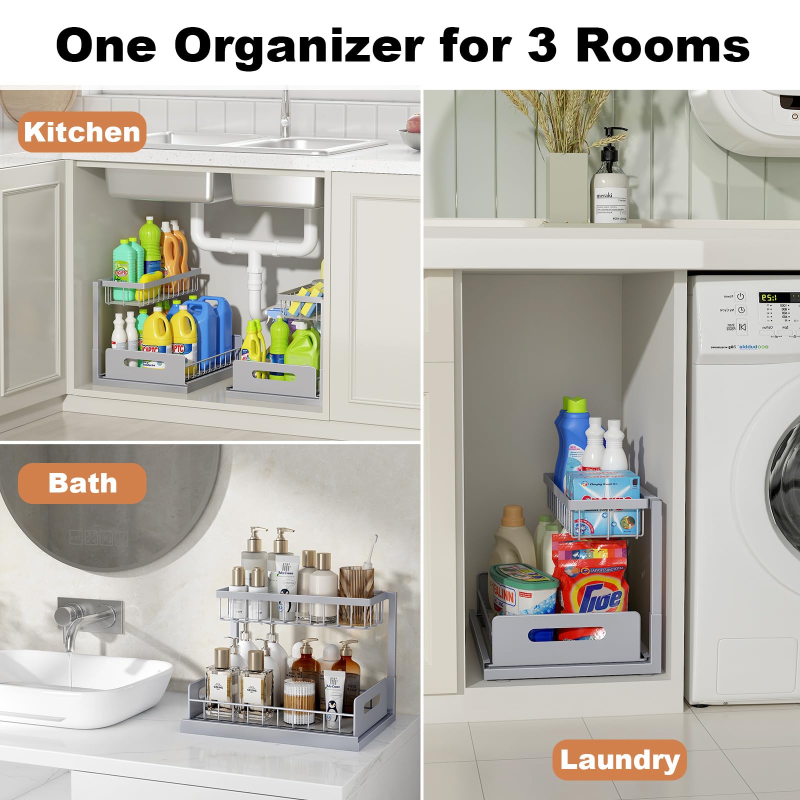 REALINN installed in kitchen cabinet displaying organized cleaning supplies