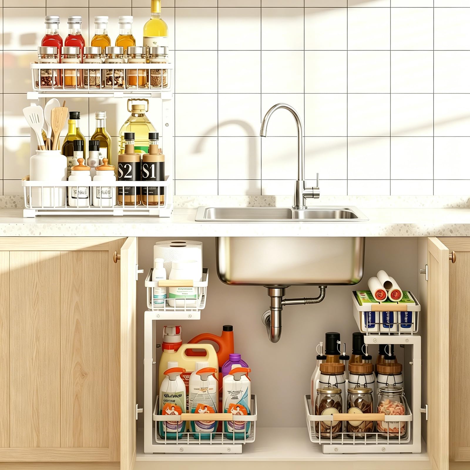 REALINN organizer installed in kitchen cabinet maximizing under-sink space