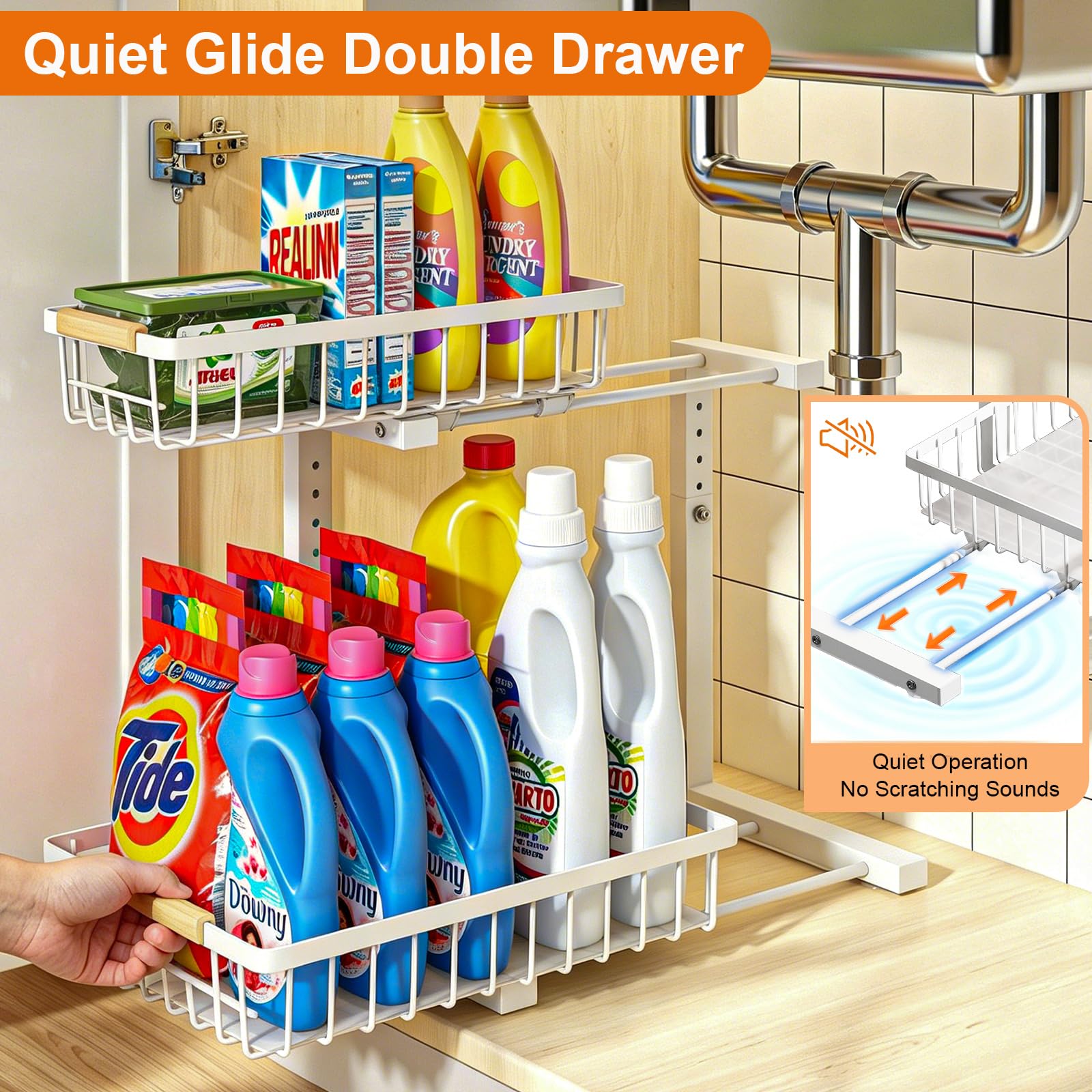 REALINN pull-out drawer closeup demonstrating smooth access and organization
