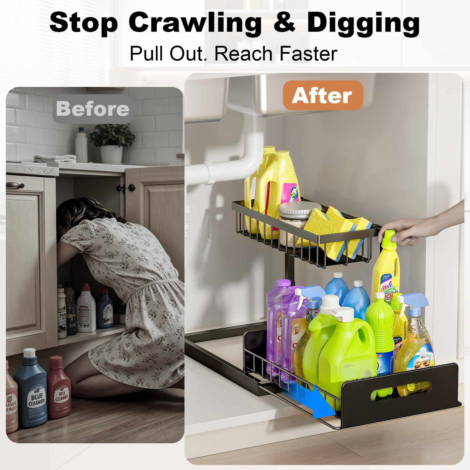 REALINN pull-out drawer extended with bottles for quick access benefit