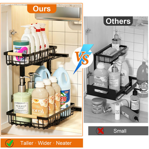 REALINN pull-out drawer extended with bottles and sprays for quick reach