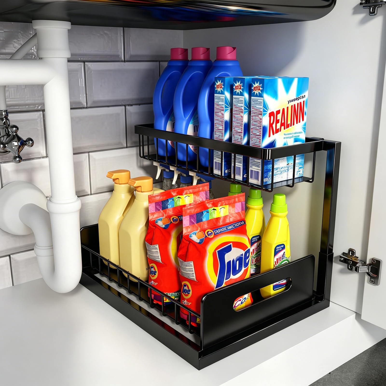 REALINN front view showing L-shaped organizer and tidy supplies benefit