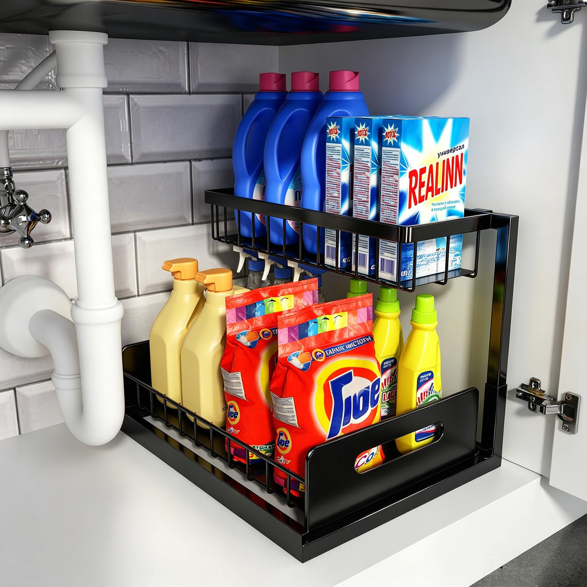 REALINN front view showing L-shaped organizer and tidy supplies benefit