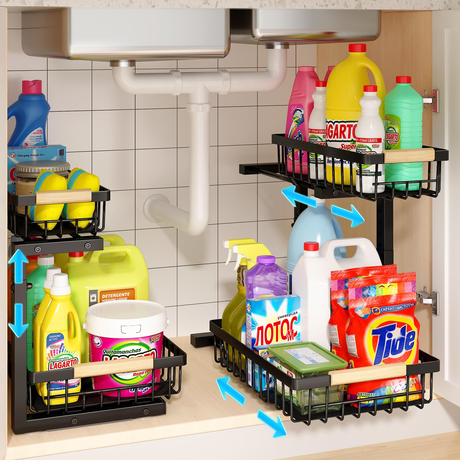REALINN front view of under sink organizer showing two-tier layout and smooth access