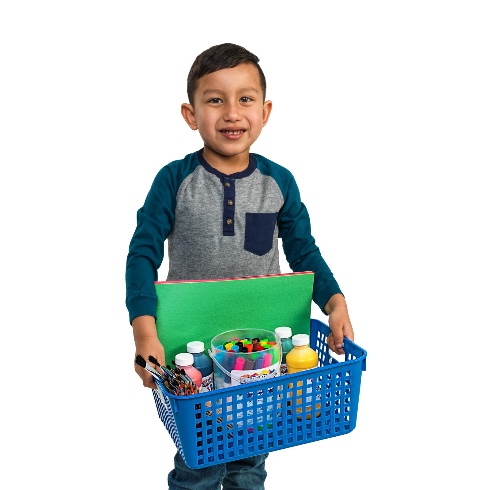 Really Good Stuff stacked baskets on shelf showing space-saving organization benefit