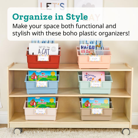 Really Good Stuff bins on low shelf demonstrating child-accessible reach