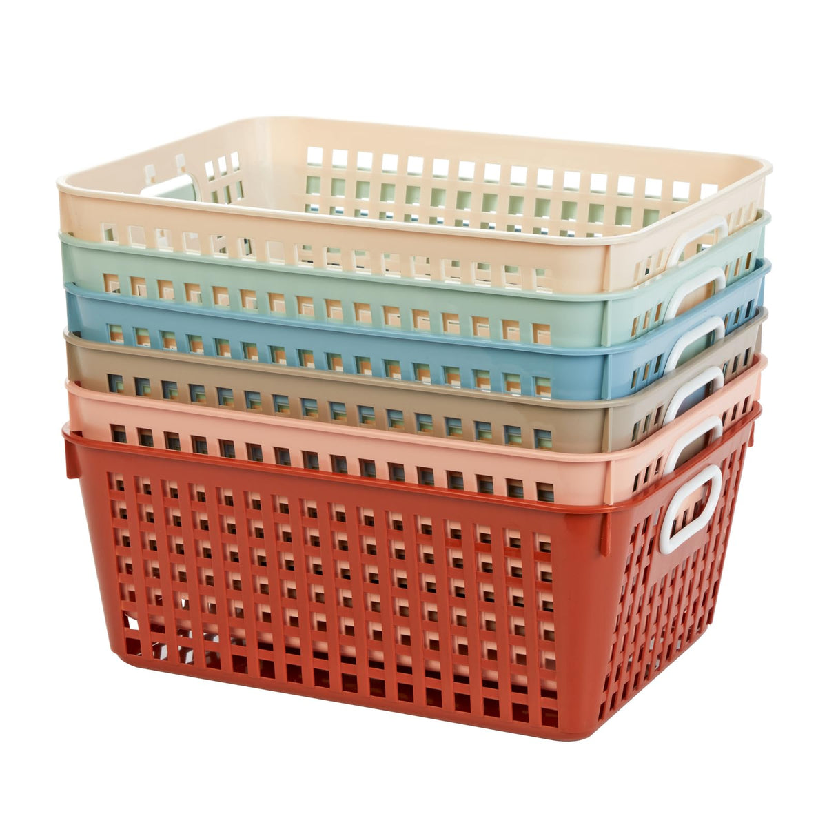 Really Good Stuff front view of six boho color baskets for tidy storage