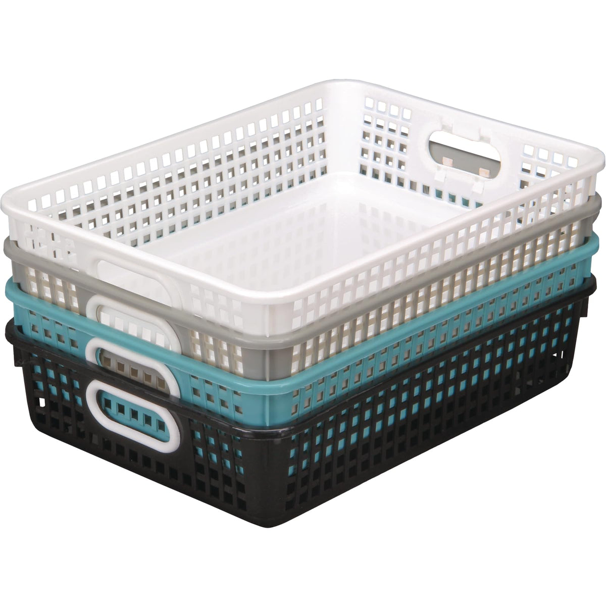 Really Good Stuff front view of four baskets showing neat storage benefit