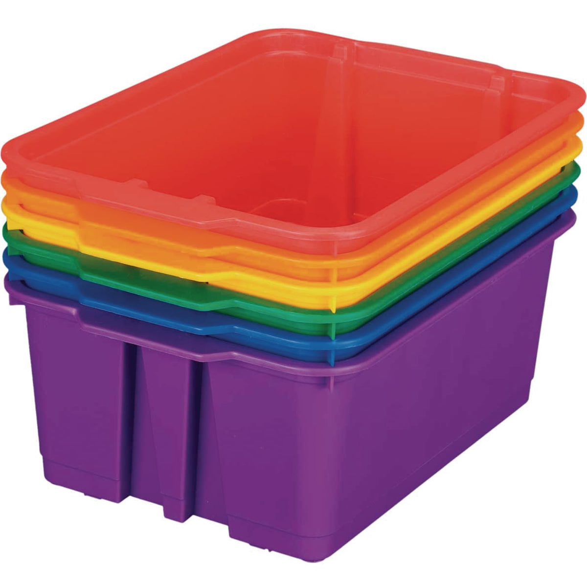 Really Good Stuff front view showing six colorful bins and tidy storage benefit
