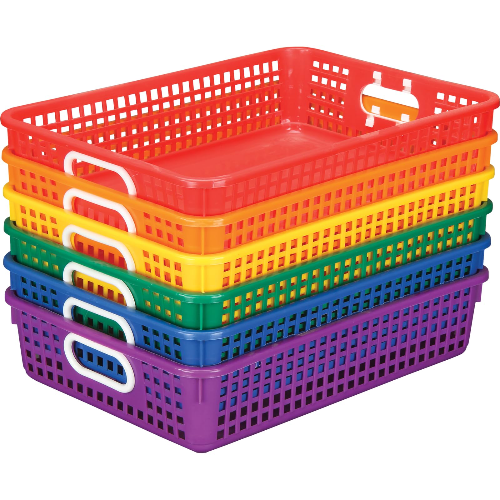 Really Good Stuff front view showing six colorful baskets and tidy storage benefit
