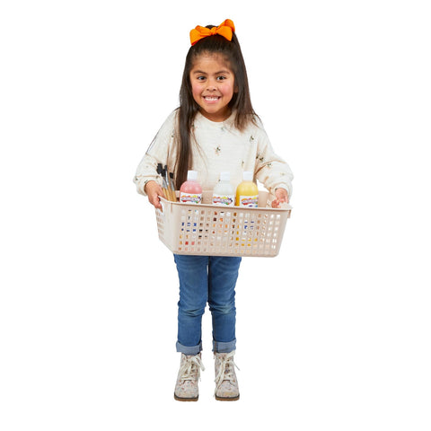 Really Good Stuff baskets in classroom cubby promoting quick cleanups